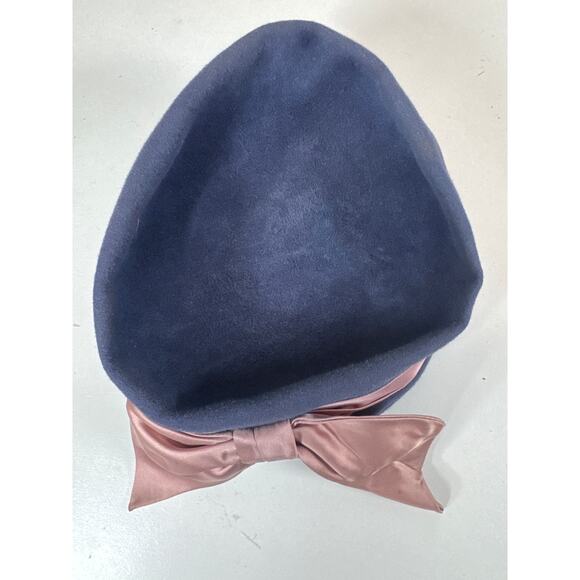 Vintage Mr John Navy Blue Pill Box Hat Pink Satin Bow Peachbloom Velour Fur Felt - Picture 3 of 6